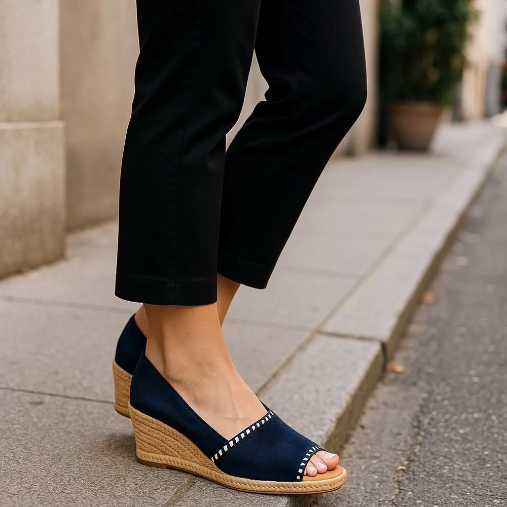 Jack Rogers Blue Suede Palmer Jute Wrapped Wedge Espadrille Peeptoe Shoes 9.5